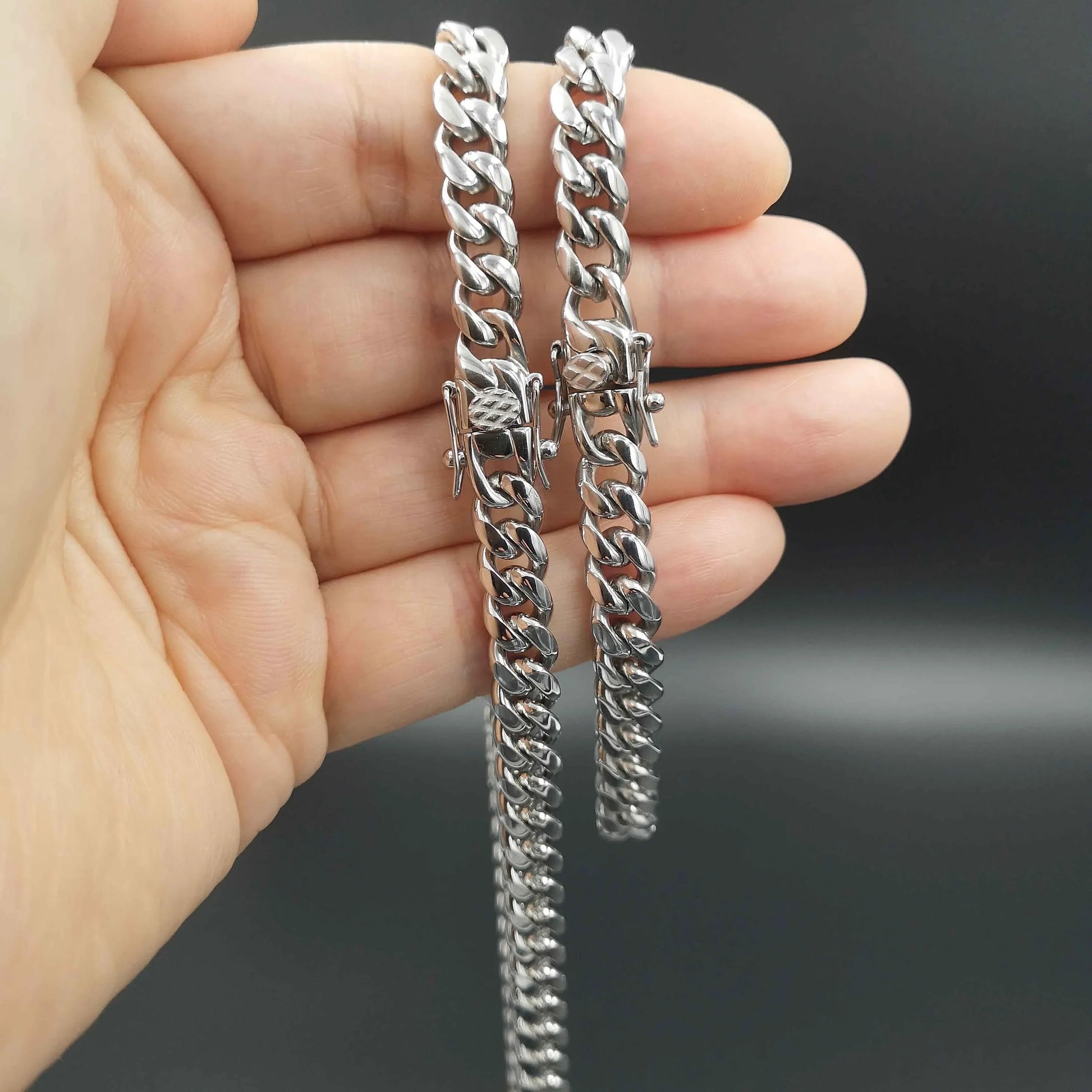 Silver-toned 8mm miami cuban link chain necklace for men and women made of 316 stainless steel with polished finish and secure clasp