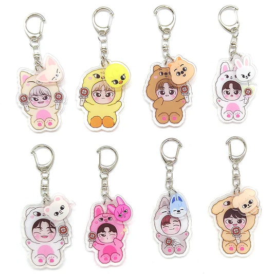 Clear acrylic kpop acrylic keychains 8pcs set featuring cartoon characters in cute animal costumes with silver clips