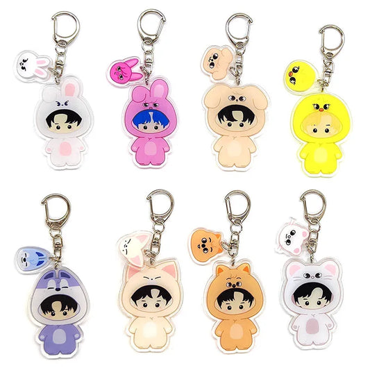 Clear acrylic kpop acrylic keychains 8pcs set featuring colorful cartoon animal costumes with silver clasps cute bag pendant