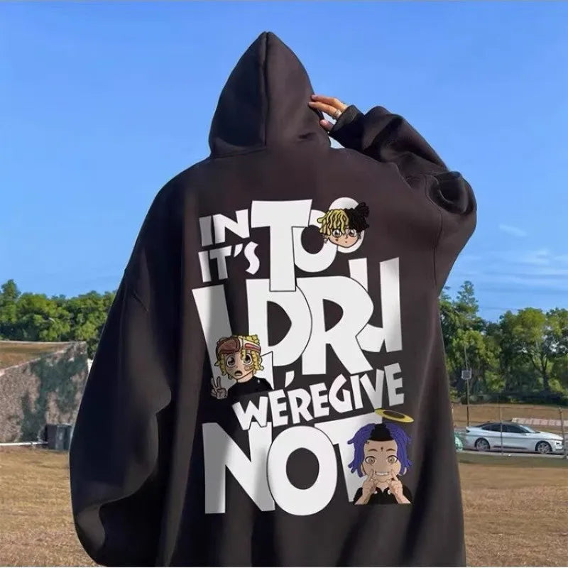 Black 8xl hoodie pullover with bold white cartoon graphic and text featuring a hip hop trendy singer alphabet design