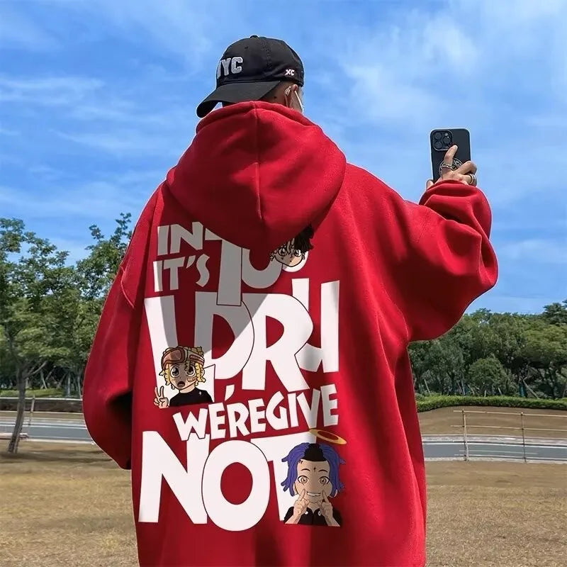 Red oversized 8xl hoodie pullover with bold white anime graphic print hip hop trendy singer alphabet design