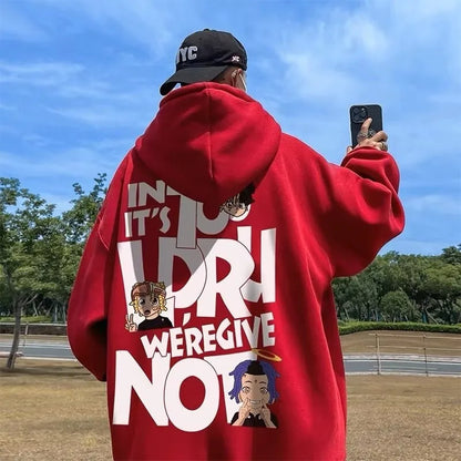 Red oversized 8xl hoodie pullover with bold white anime graphic print hip hop trendy singer alphabet design