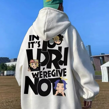 White 8xl hoodie pullover with bold black anime graphic and trendy singer alphabet print for hip hop fashion
