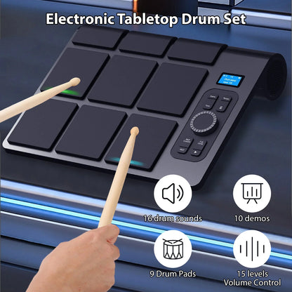 Black electronic drum set with 9 pads and control panel with volume knobs for beginner home practice kit