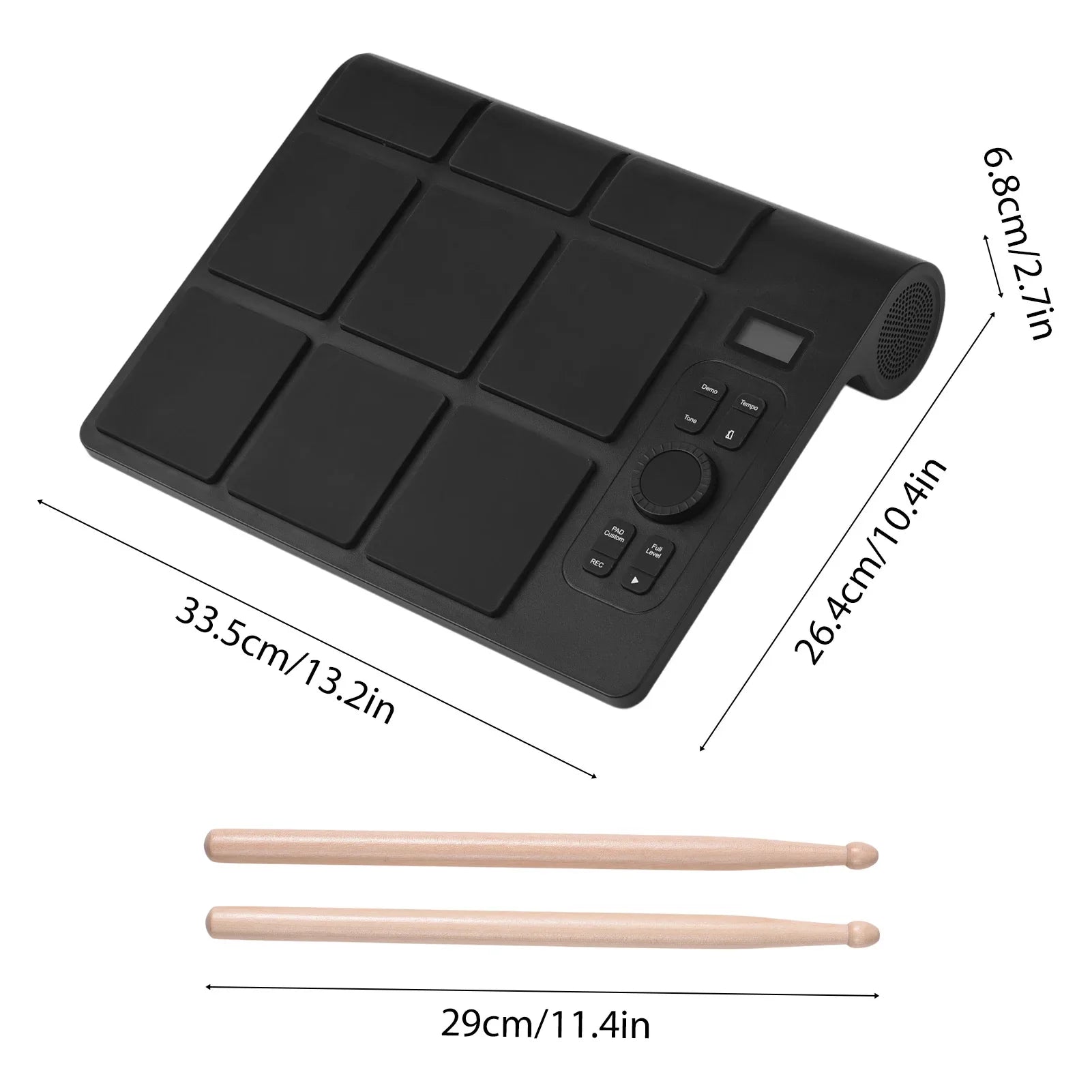 Black 9-pad electronic drum set with built-in speakers control buttons and usb midi for beginner home practice