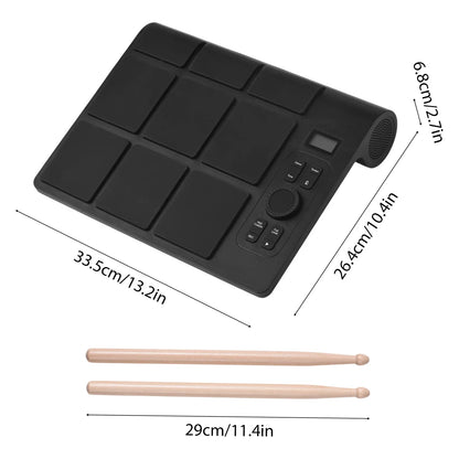 Black 9-pad electronic drum set with built-in speakers control buttons and usb midi for beginner home practice