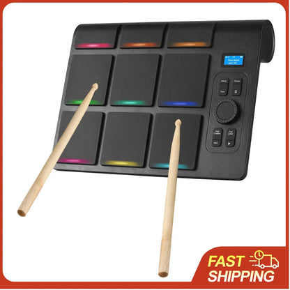 Black 9-pad electronic drum set with colorful illuminated pads and wooden drumsticks for beginner home practice