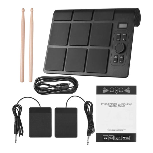 Black dynamic portable electronic drum pad with ten square pads and control buttons for beginner drum kit practice