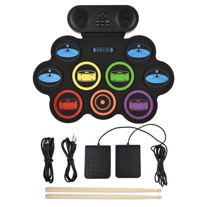 Black electronic drum set with colorful pads supports dtx gaming hand roll drum with dual speaker and multiple rhythms