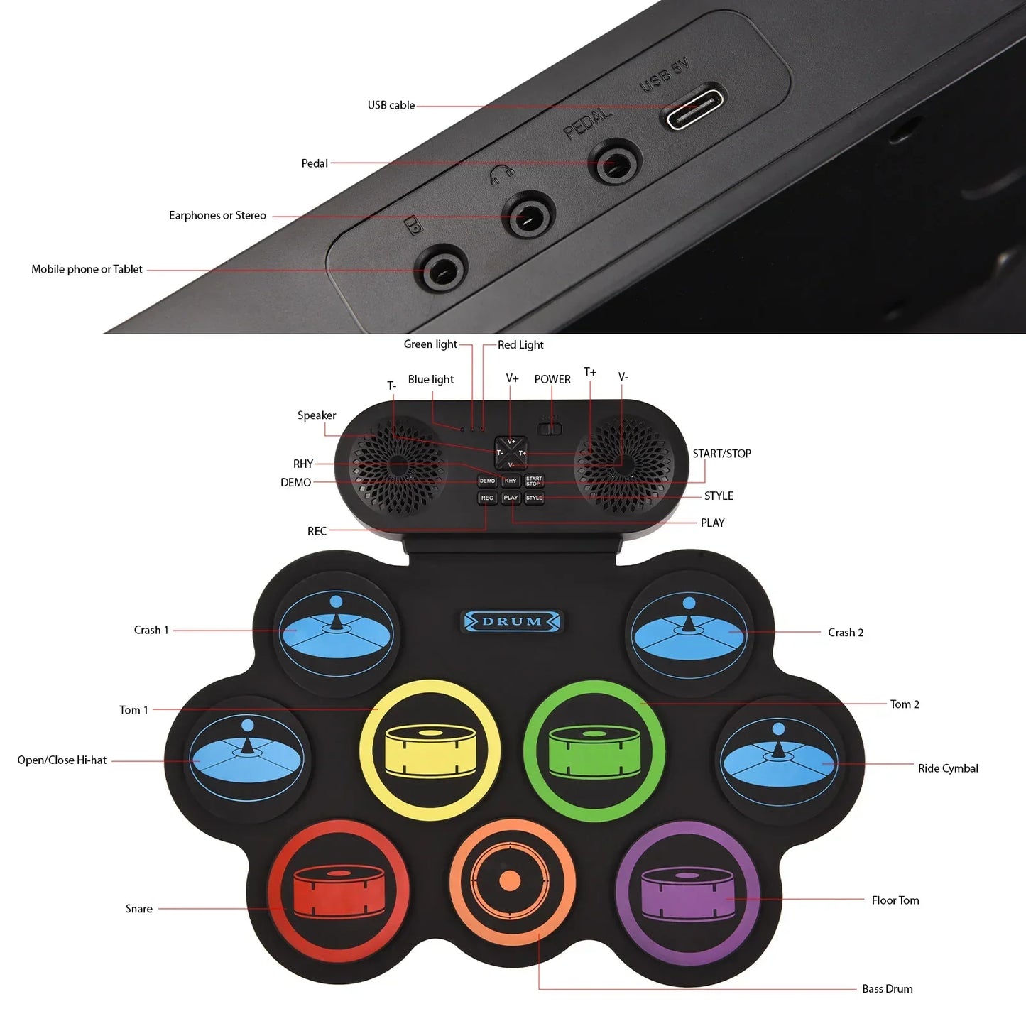 Black electronic drum set with colorful circular pads hand roll drum supports dtx gaming and bluetooth dual speaker