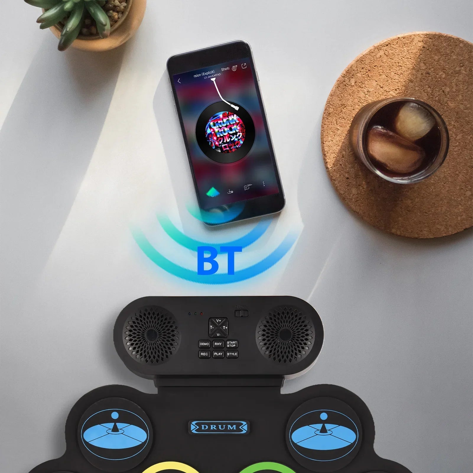 Black hand roll electronic drum set with blue and yellow illuminated pads supports dtx gaming and bluetooth dual speaker