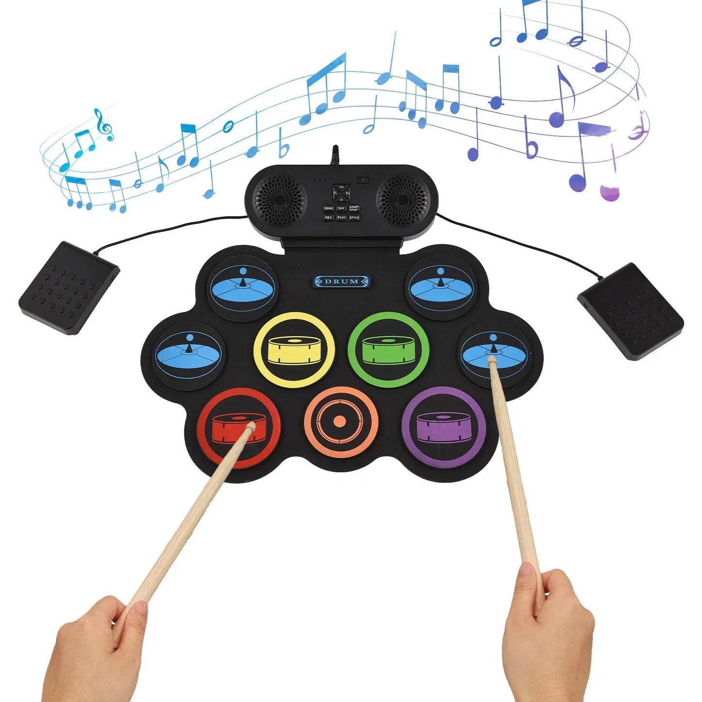 Black electronic drum set with colorful pads, built-in speakers, foot pedals, hand roll drum supports dtx gaming