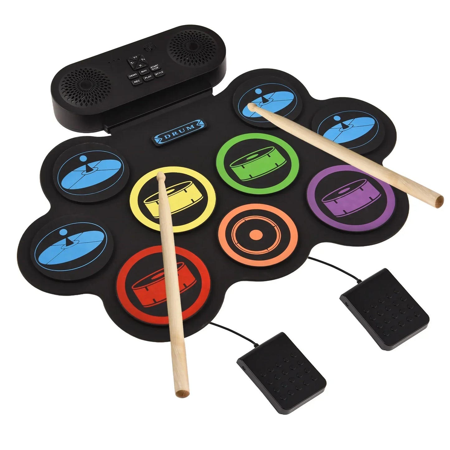 Black inflatable electronic drum set with colorful pads and wooden sticks supports dtx gaming hand roll drum