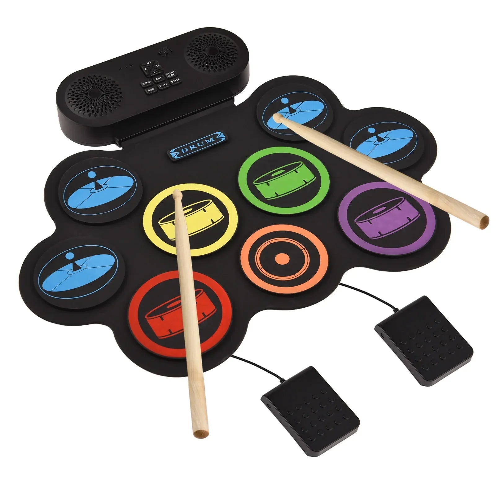 Black inflatable electronic drum set with colorful pads and wooden sticks supports dtx gaming hand roll drum