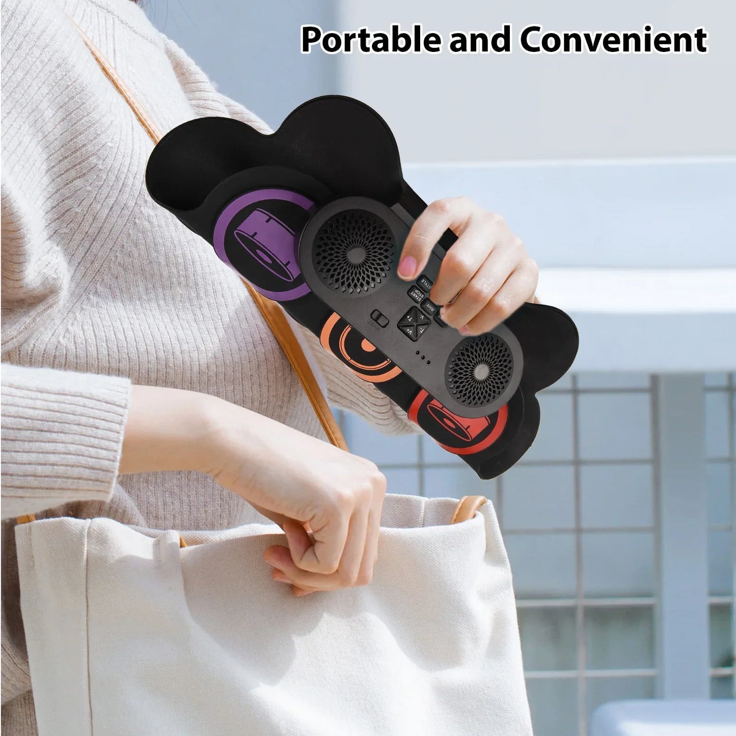 Black portable boombox with purple and orange speaker graphics for 9 pads electronic drum set hand roll drum supports dtx gaming