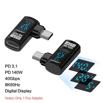 Black usb c adapter with angle u shape design and blue led readouts supporting transfer pd 140w and usb4 video output