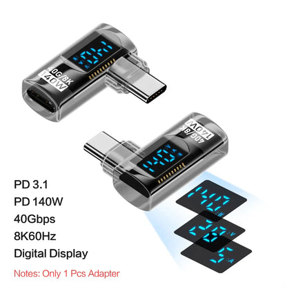 Transparent plastic angle u shape usb c adapter with digital display showing transfer pd 140w power and data info