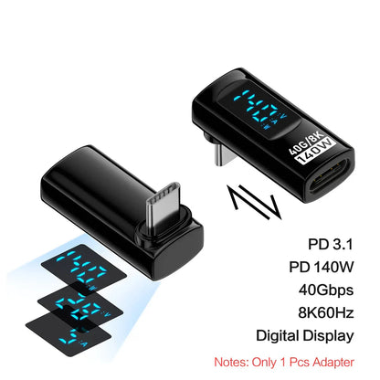 Black usb c adapter with angle u shape design featuring pd 140w fast charging and 40gbps data transfer capability