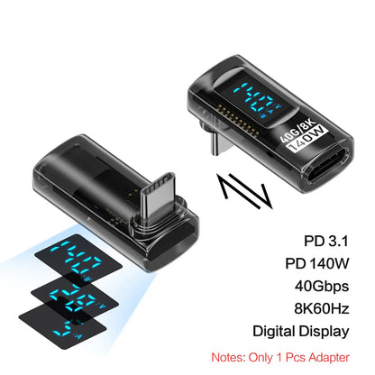 Black plastic usb c adapter angle u shape with digital display showing transfer pd 140w and data information