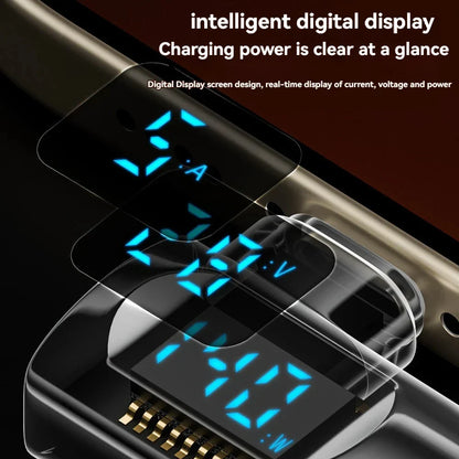 Black usb c adapter angle u shape with blue digital display showing transfer pd 140w current voltage and power readings