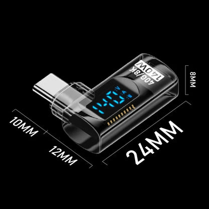 Black transparent usb c adapter with angle u shape, digital blue led display, transfer pd 140w, model mo7l x8/90p visible on side