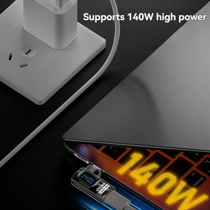 A sleek silver usb c adapter angle u shape with digital display transfer pd 140w for high power charging