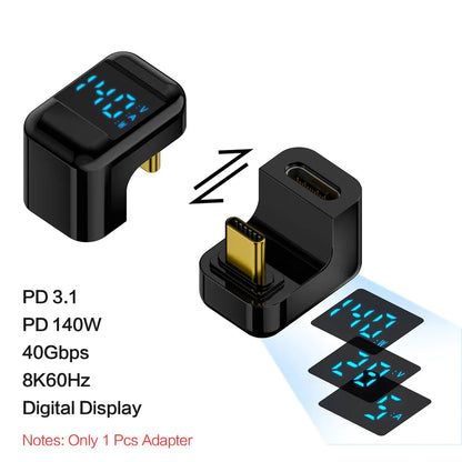 Black usb c adapter with angle u shape, gold-plated connector, led screen showing voltage current wattage, transfer pd 140w