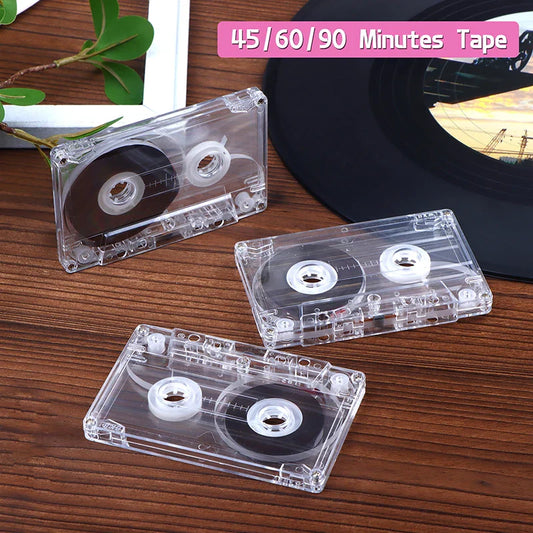 Clear plastic cassette tapes with magnetic audio tape and white spools store large amounts of speech and music recordings
