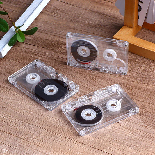 Clear plastic 90 minutes standard cassette with magnetic audio tape and clear storage box for speech music recording
