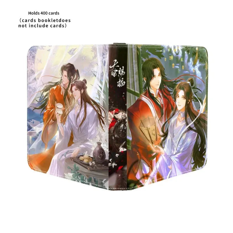A soft leather-bound game cards binder featuring vibrant anime heavenly officials bless collection card illustrations in traditional robes