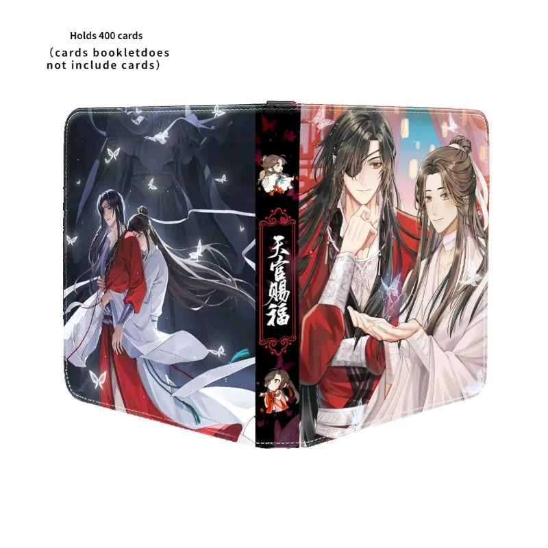 Anime heavenly officials 900pcs card album with vibrant red and white traditional attire on leather-like card holder surface