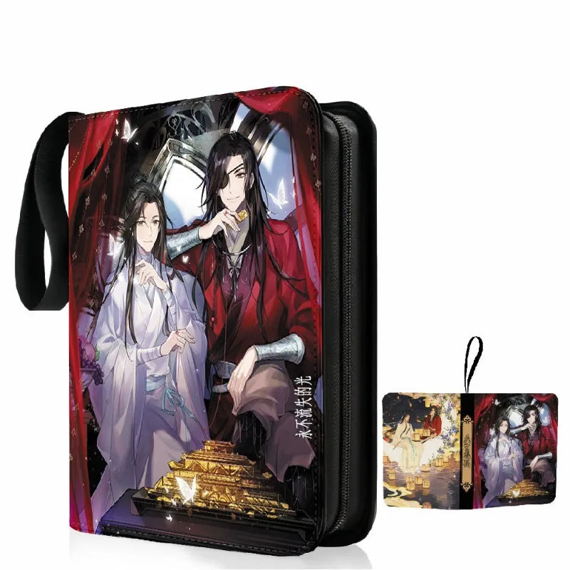 Black zipper pouch with anime heavenly officials illustration featuring two characters and golden pyramid for bless collection card binder