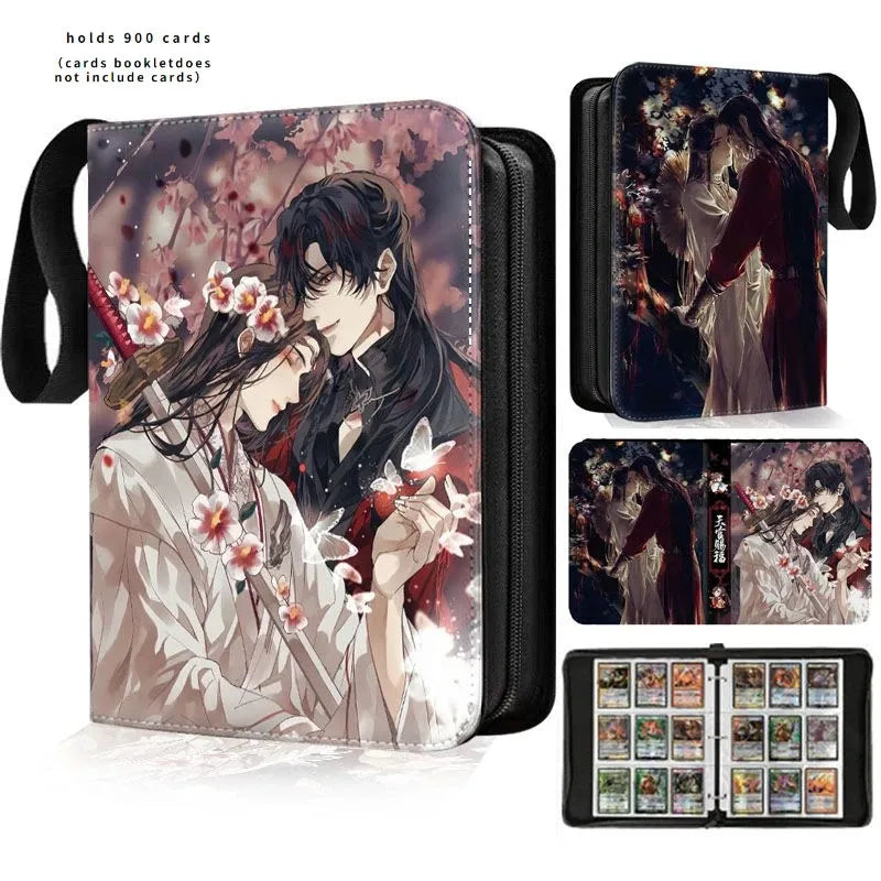 Anime heavenly officials black and pink card holder with zipper featuring two characters and cherry blossoms for game cards binder