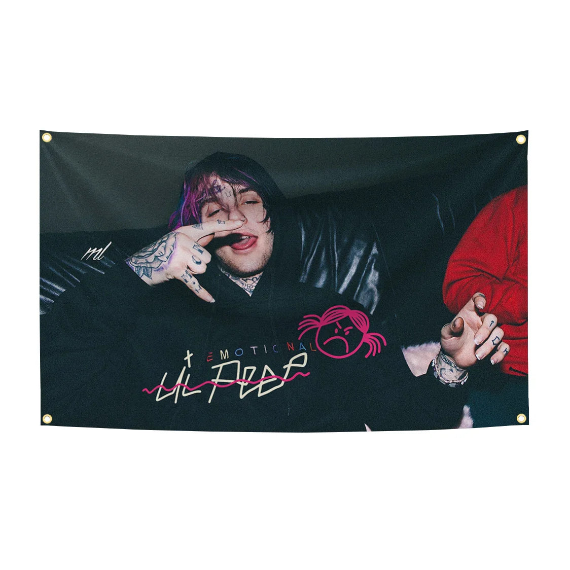 Black fabric 90x150cm lil peep music banner with pink white emotional text and stylized pink cartoon girl logo