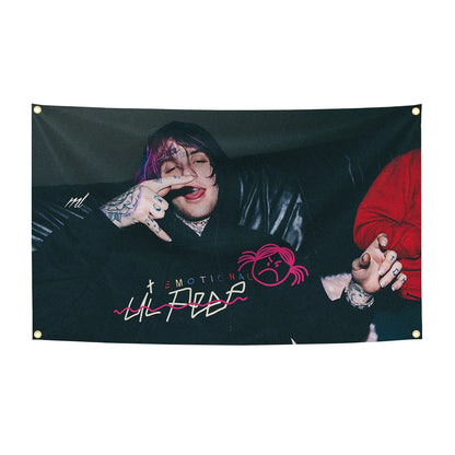 Black fabric 90x150cm lil peep music banner with pink white emotional text and stylized pink cartoon girl logo