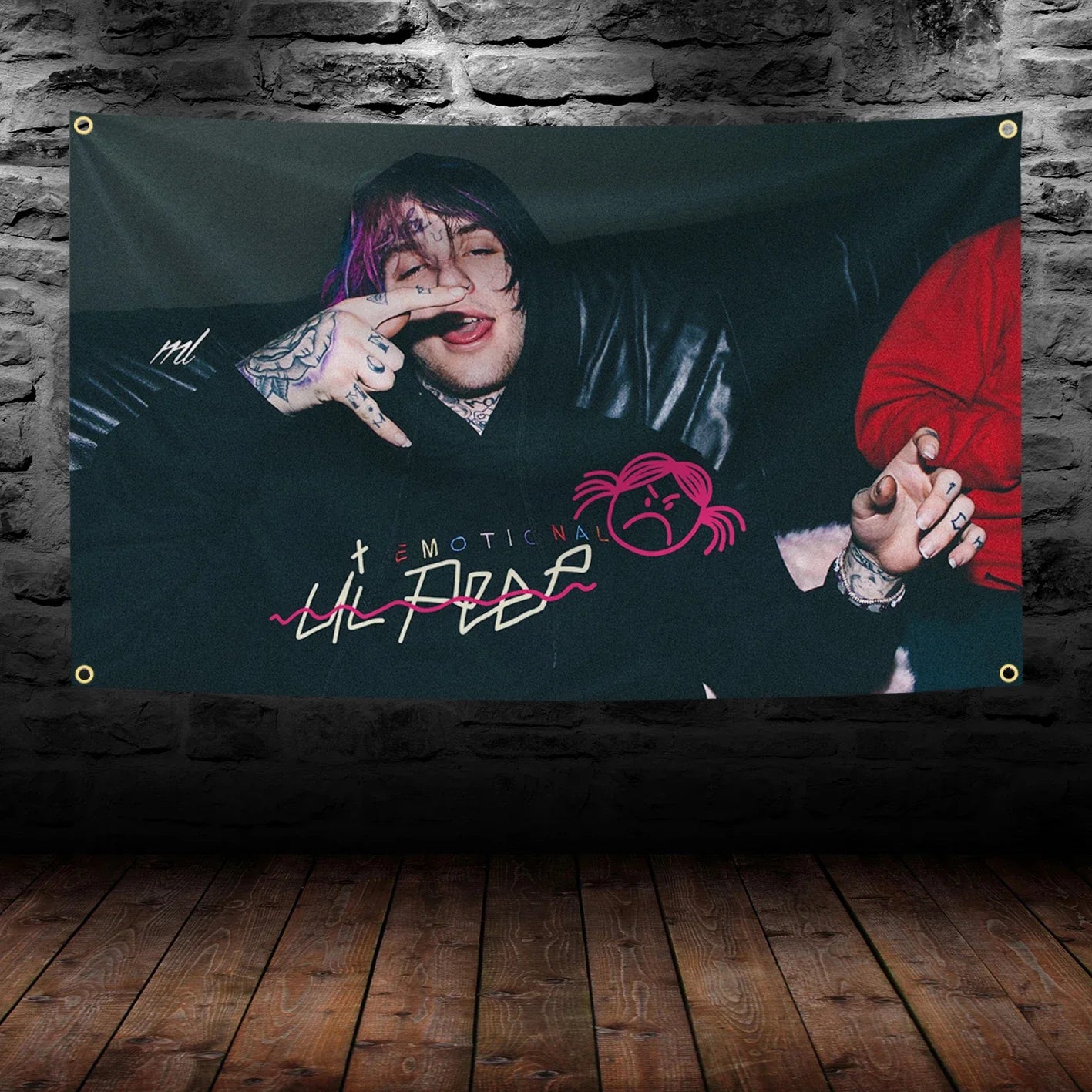 Black fabric 90x150cm lil peep music banner with pink white text cartoon girl and emotional print for bar dorm room