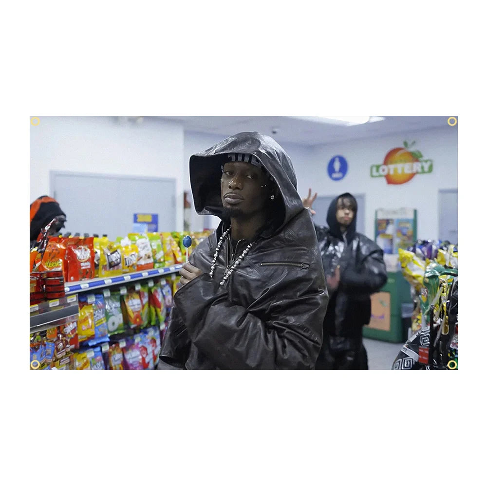 Black leather hooded jacket with glossy finish and silver chain necklace featured on 90x150cm playboi music carti die art flag tapestry