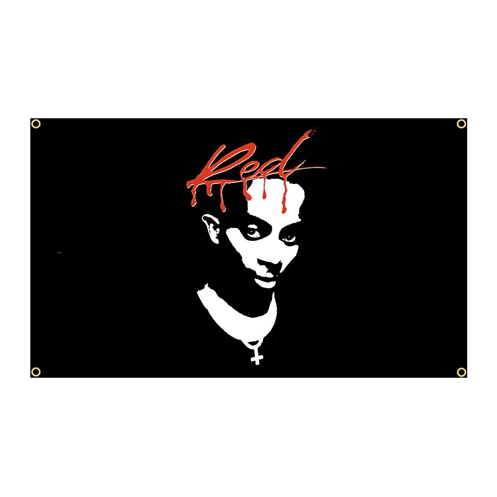 Black 90x150cm playboi art flag tapestry featuring white xxxtentacion portrait and red dripping red lettering for room decor