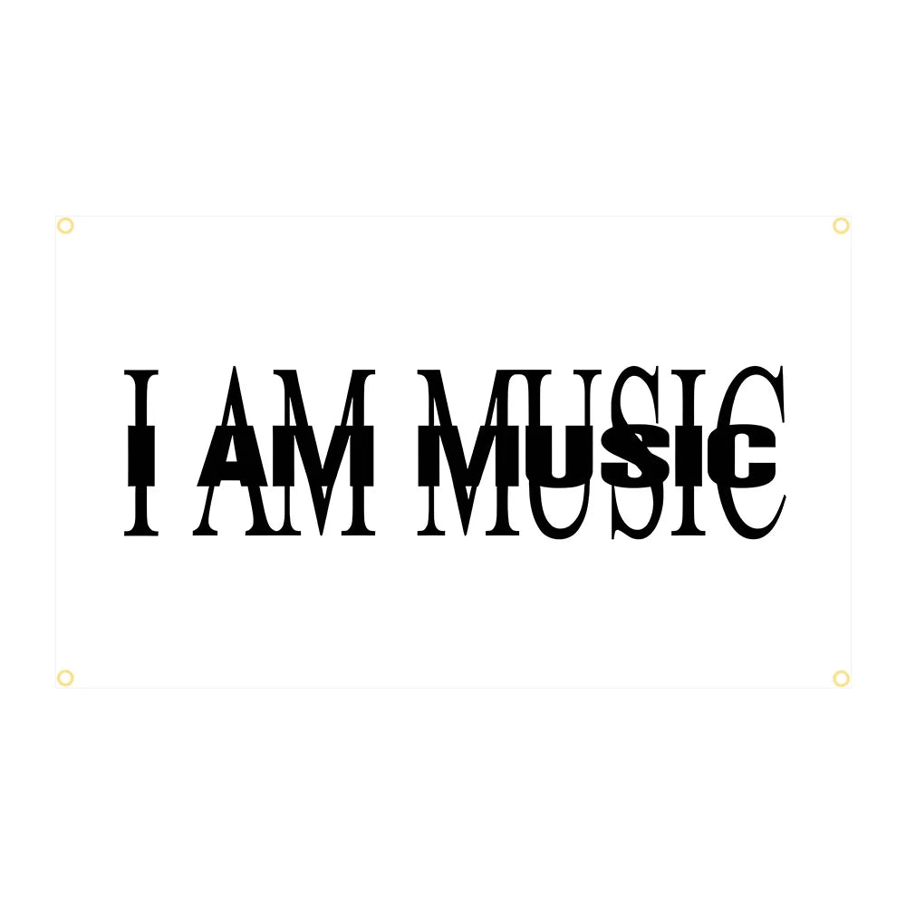 White 90x150cm playboi carti die lit art flag tapestry with bold black serif text i am music and four corner grommets