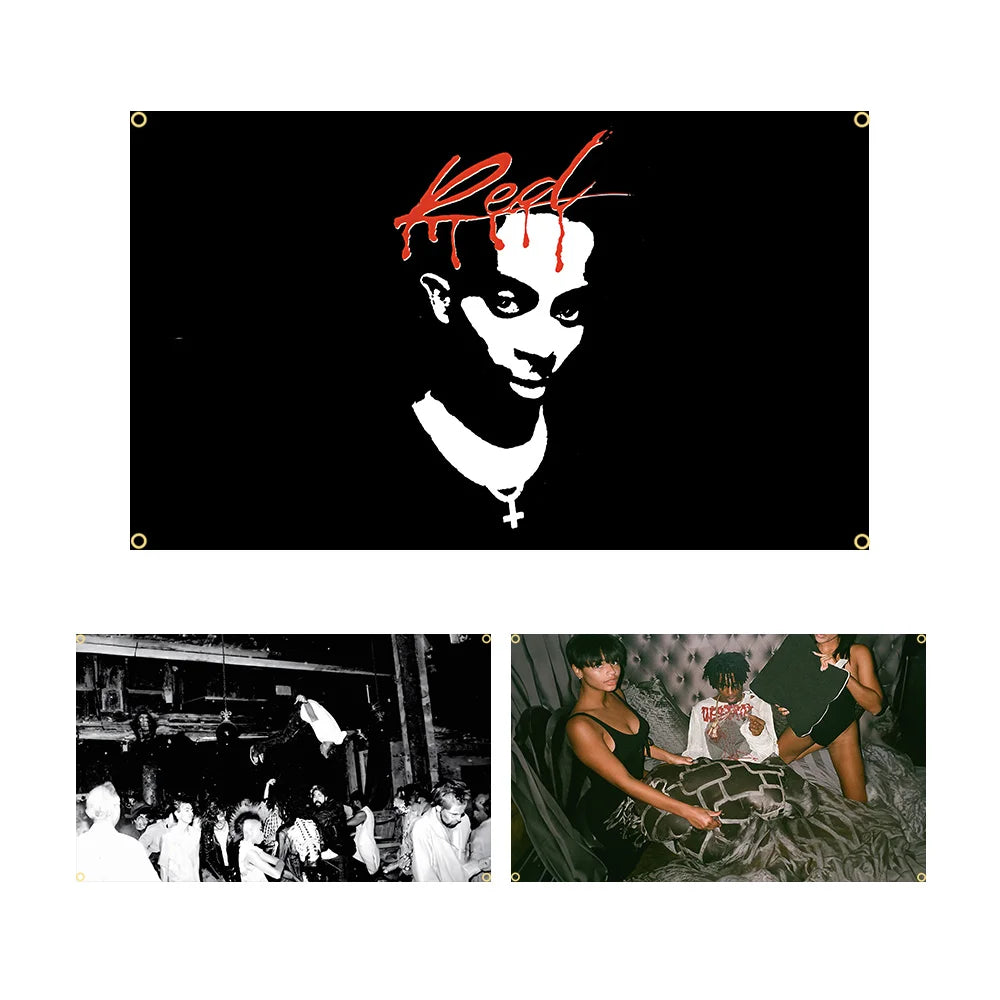 Black 90x150cm playboi music carti die art flag tapestry featuring stylized white xxxtentacion portrait with red text