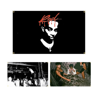 Black 90x150cm playboi music carti die art flag tapestry featuring stylized white xxxtentacion portrait with red text