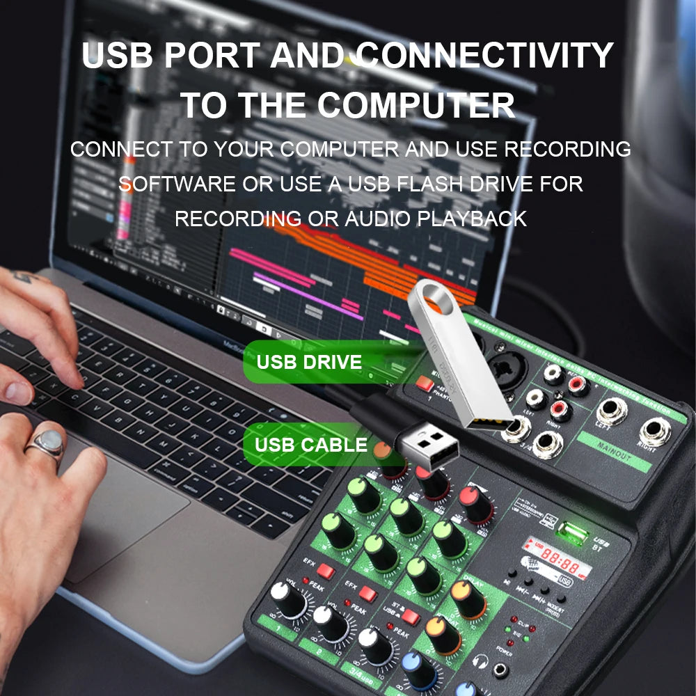 A4 4 Channel Portable Professional Audio Mixer with Bluetooth 48V Phantom,Monitoring Function for DJ Karaoke PC MP3 microphone