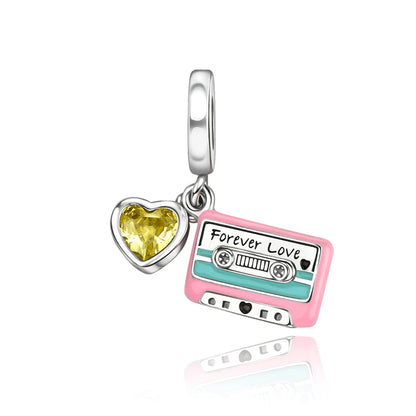 Pink and teal enamel sterling silver music charm with forever love engraving and yellow heart crystal for original bangle bracelet