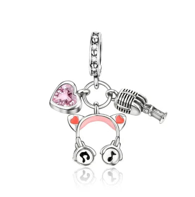 Silver music charms featuring pink heart microphone and headphones with musical notes for original bangle bracelet