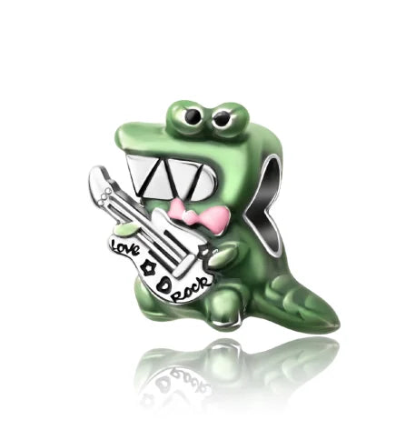 Green crocodile sterling silver music charm with silver guitar and pink bow for original bangle bracelet beads