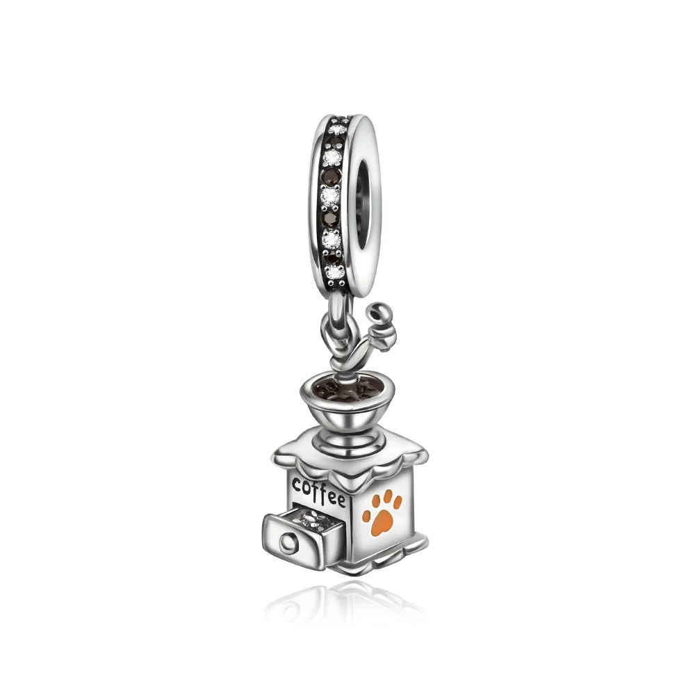 Silver music charms 925 sterling silver coffee grinder with black clear gemstones paw print fits original bangle bracelet