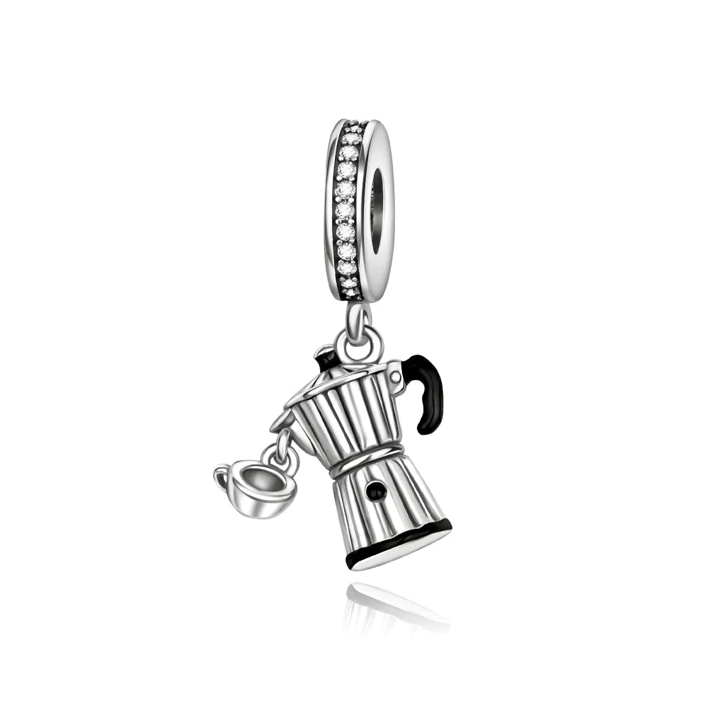 Silver moka pot charm with black enamel accents and a cup pendant in 925 sterling silver music for original bangle bracelet