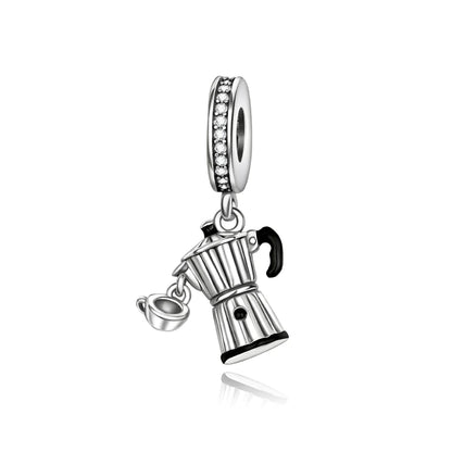Silver moka pot charm with black enamel accents and a cup pendant in 925 sterling silver music for original bangle bracelet