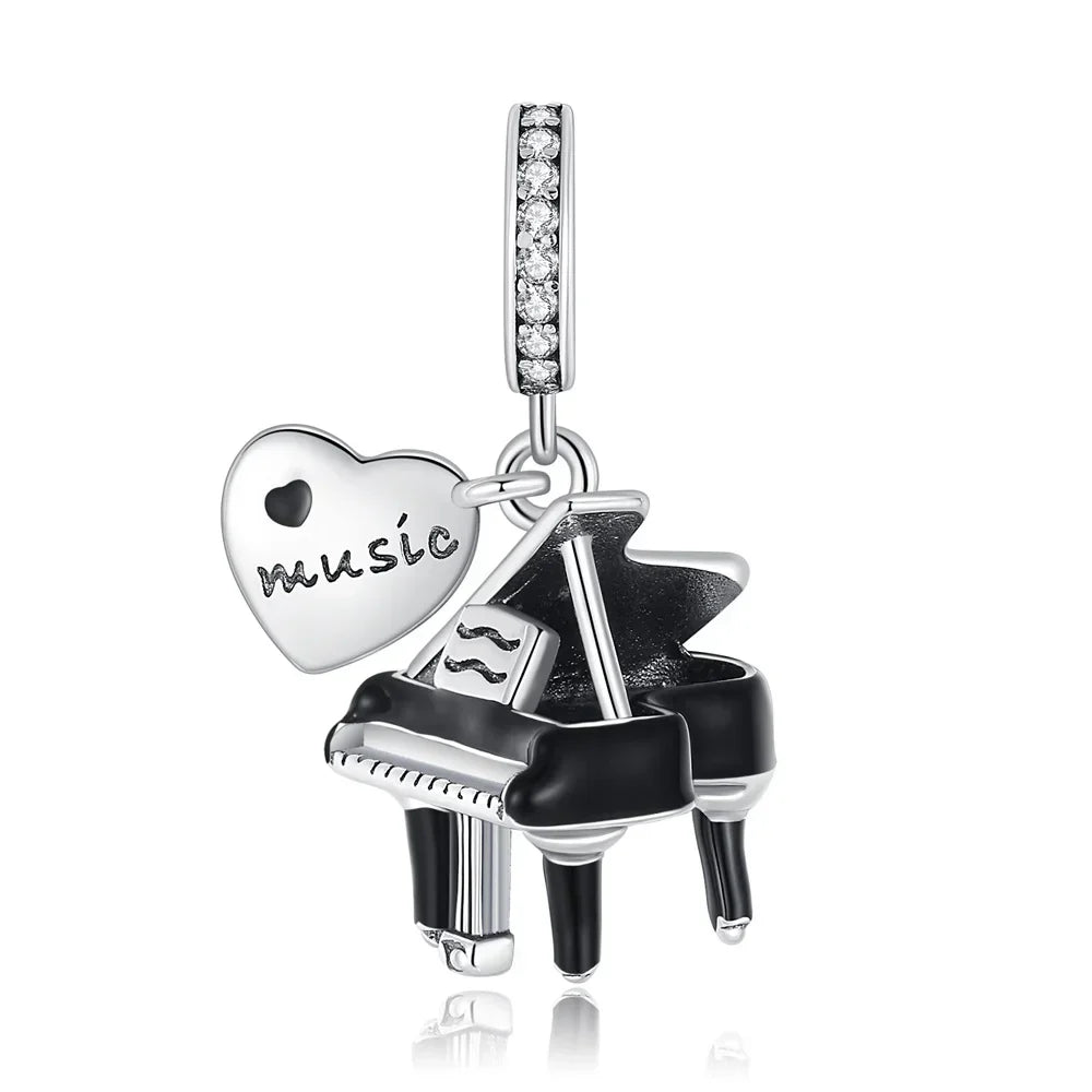 Silver music charm in 925 sterling silver with black enamel and crystals for original bangle bracelet or necklace