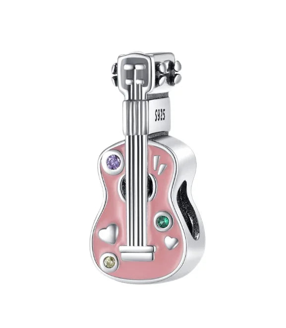 Pink enamel guitar charm with silver music charms details and gemstones for original bangle bracelet and necklaces